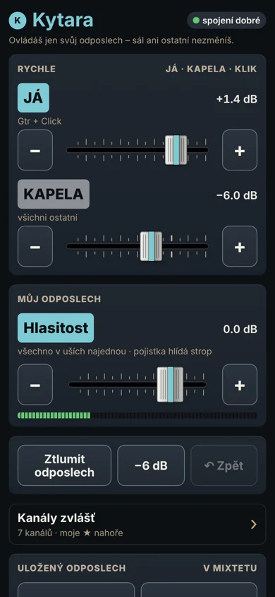 Odposlech člena v mobilu: posuvníky JÁ a KAPELA, hlasitost, Ztlumit odposlech