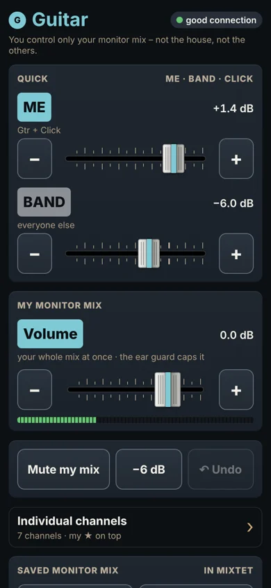 A member's monitor mix on a phone: ME and BAND sliders, volume, Mute my mix