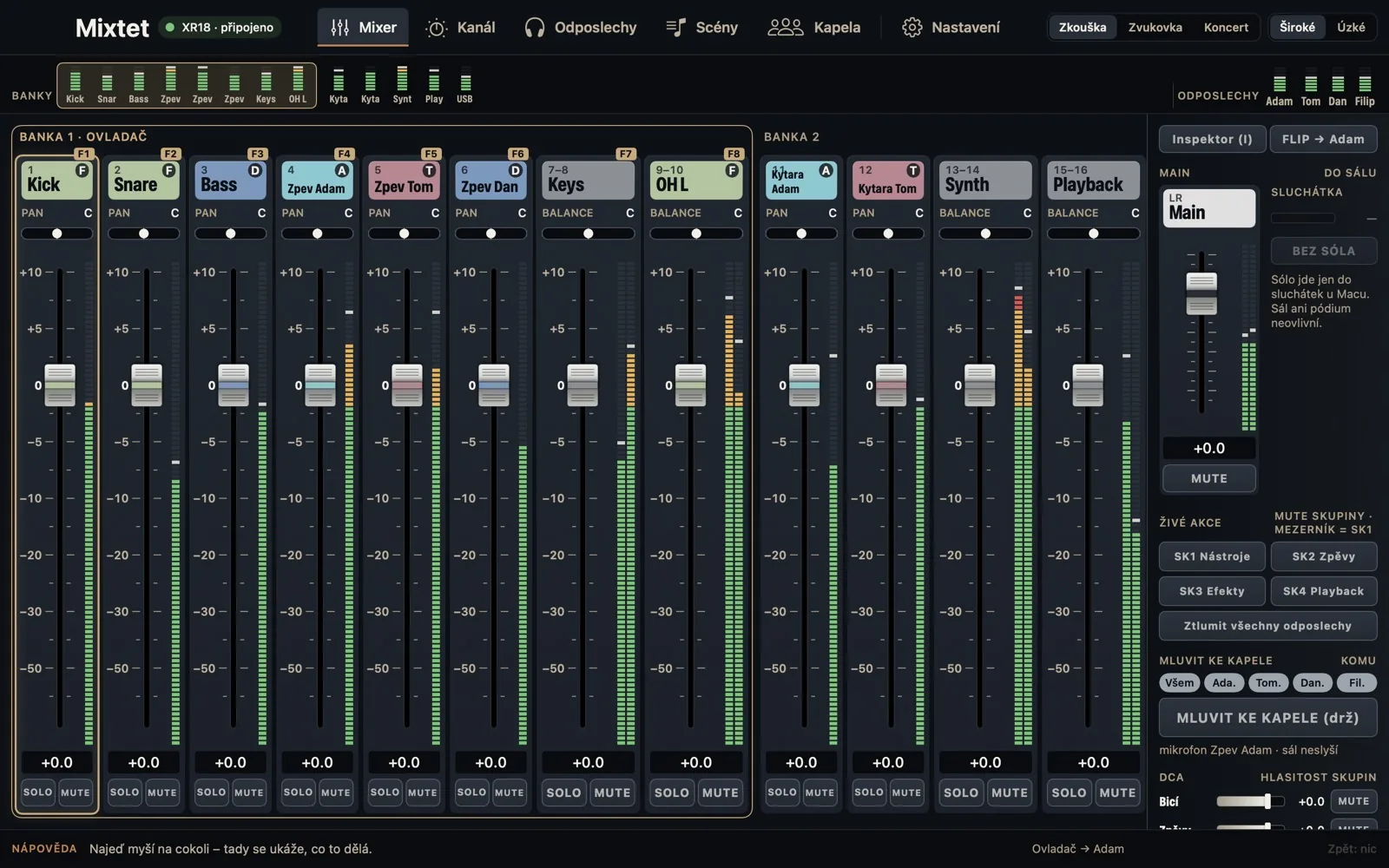 Mixtet on a Mac: the band's mixer with channels coloured by member